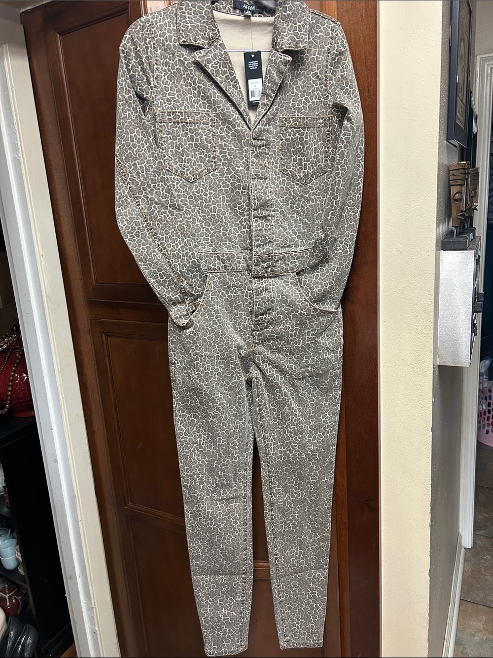 AFRM Brown Leopard-Print Long-Sleeve Jumpsuit- stretch NEW with tags size.XS